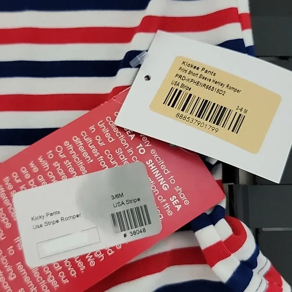 Kickee Pants Henley Romper in Print USA Stripe Red White Blue 3-6M‎ FLAWS